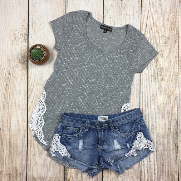 Almost Famous Tops - [Almost Famous] Gray Textured Shirt w White Lace